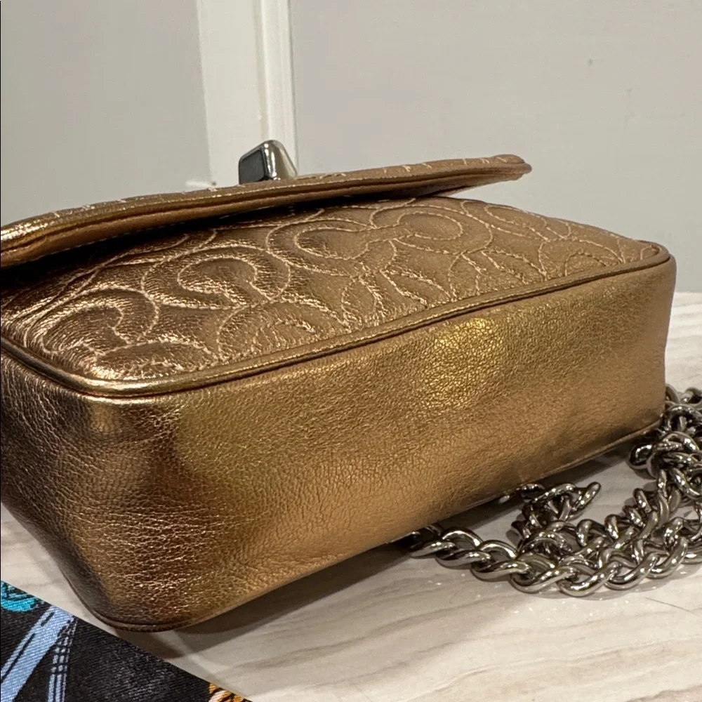 Coach Madison Small Signature Embossed Gold Metallic Leather Shoulder Bag